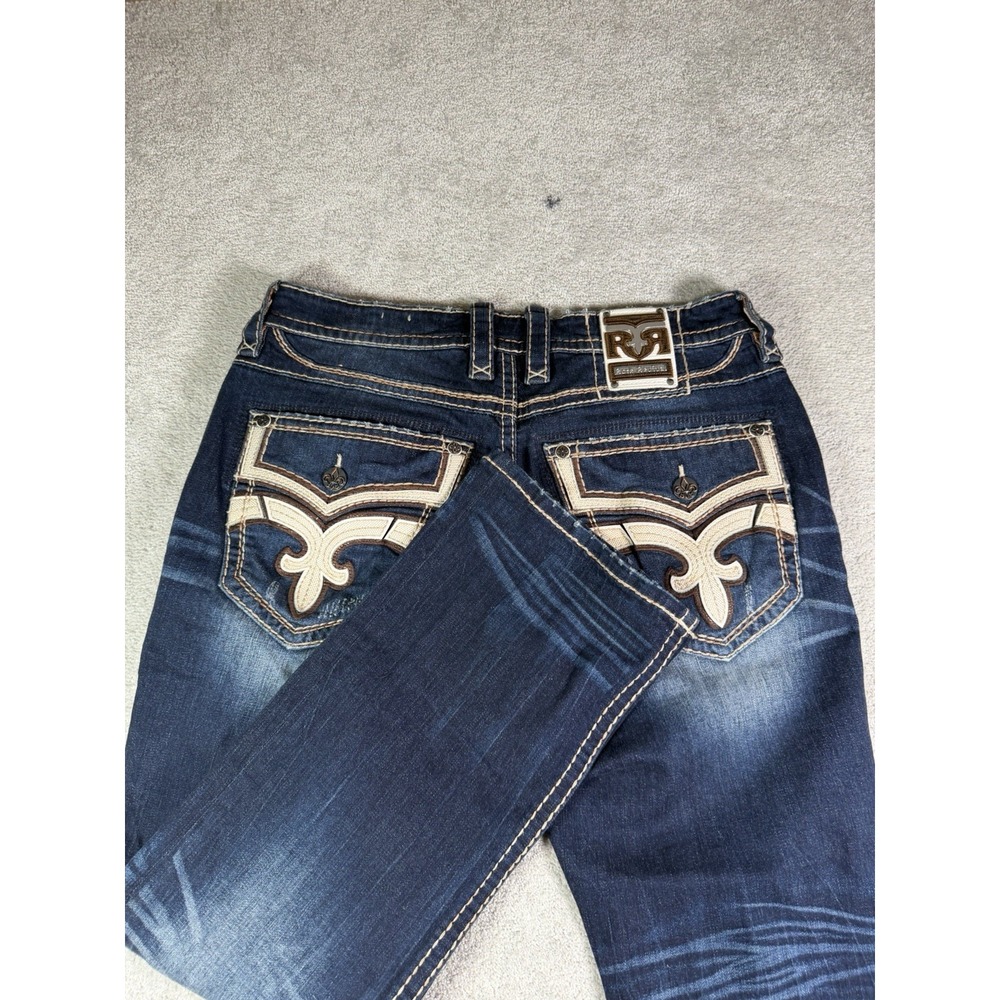 Rock Revival Delicioso Boot Blue Jeans  Embroidered Pocket Dark Wash Mens 36**